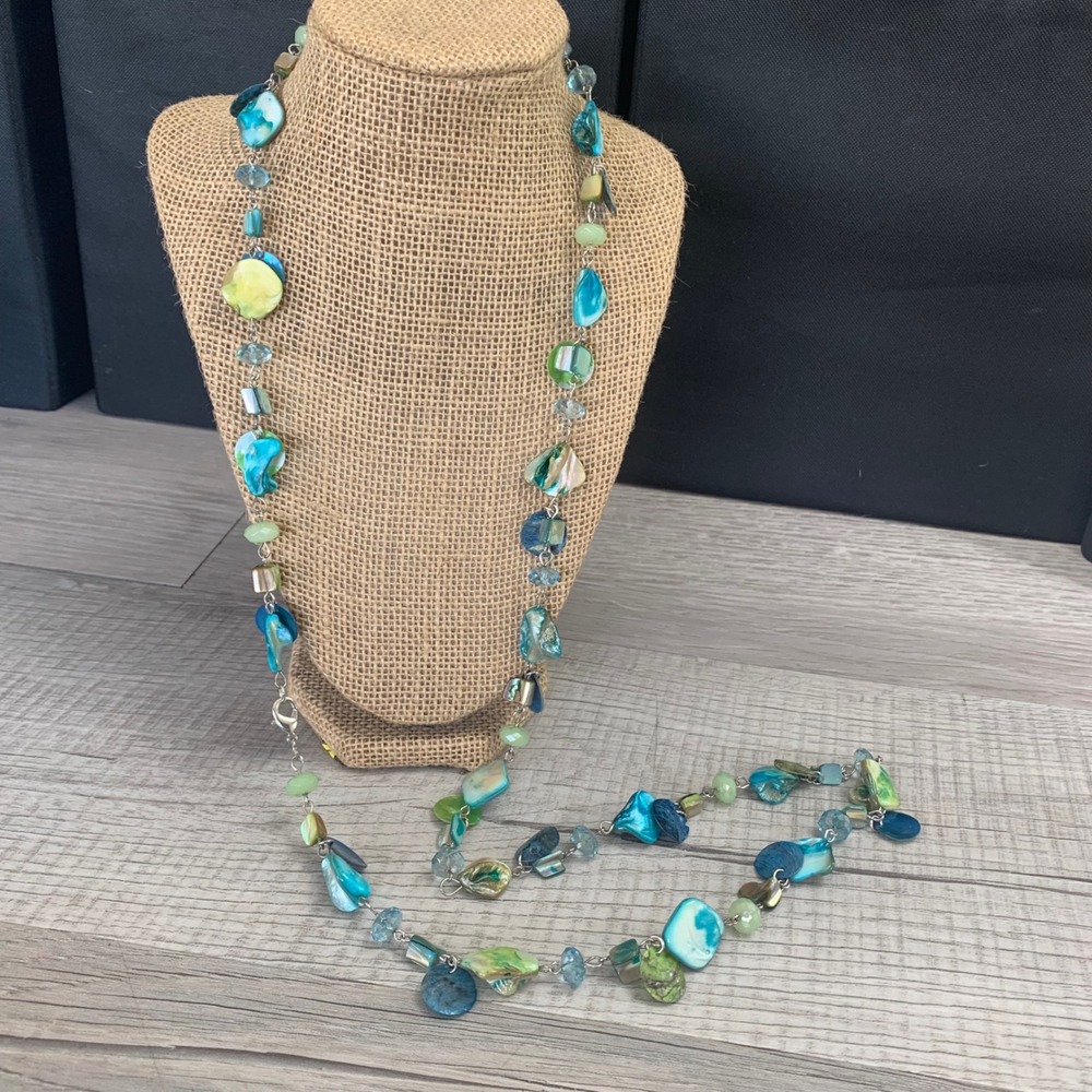 Abalone Shell Mother of Pearl Long Beaded Necklace Blue Green 40 Inch Coastal
